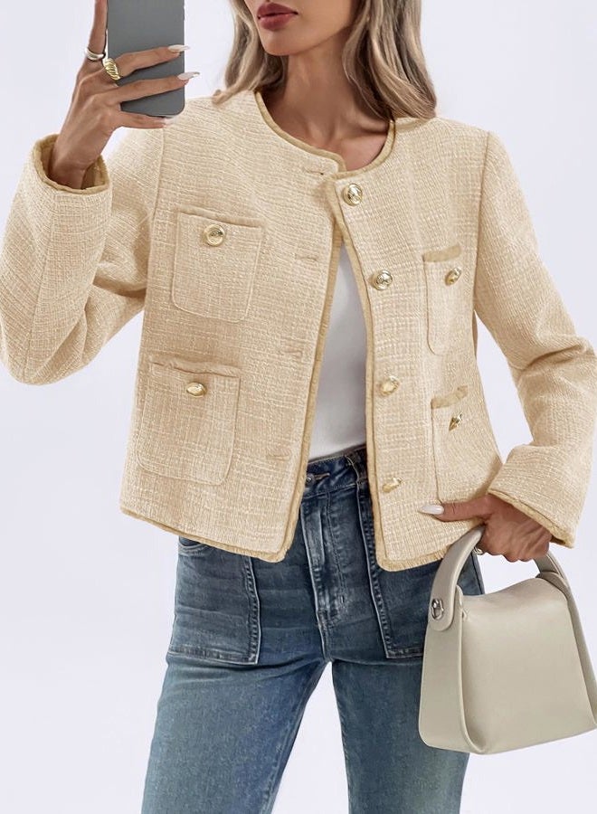 Cicy Bell Cropped Blazers for Women Business Casual Tweed Collarless Button Down Womens Jackets, Light Khaki, S - Image 2