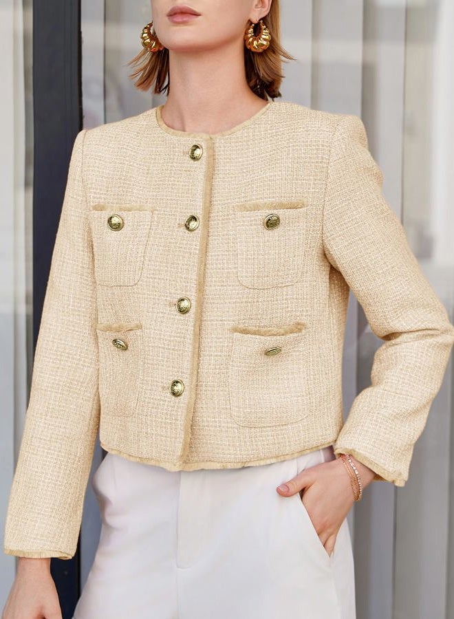 Cicy Bell Cropped Blazers for Women Business Casual Tweed Collarless Button Down Womens Jackets, Light Khaki, S - Image 4