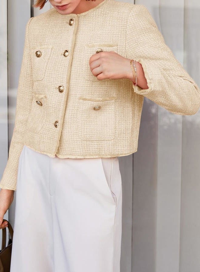 Cicy Bell Cropped Blazers for Women Business Casual Tweed Collarless Button Down Womens Jackets, Light Khaki, S - Image 5