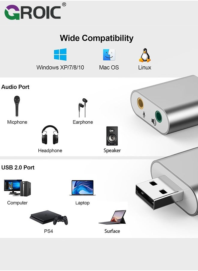 GROIC - بطاقة صوت USB، محول USB إلى مقبس الصوت 7.1 قناة بطاقة صوت ستيريو خارجية مع سماعة رأس ميكروفون TRS TRRS مقاس 3.5 مم للكمبيوتر الشخصي والكمبيوتر المحمول وPS4 وWindows وMAC وLinux - Image 1