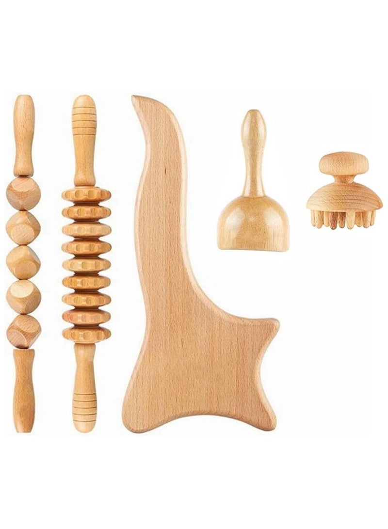 نهر قو مجموعة أدوات تدليك خشبية (5 قطع) لتصريف اللمف ومقاومة السيلوليت وتدليك اللفافة لتخفيف آلام عضلات الجسم بالكامل - Image 1