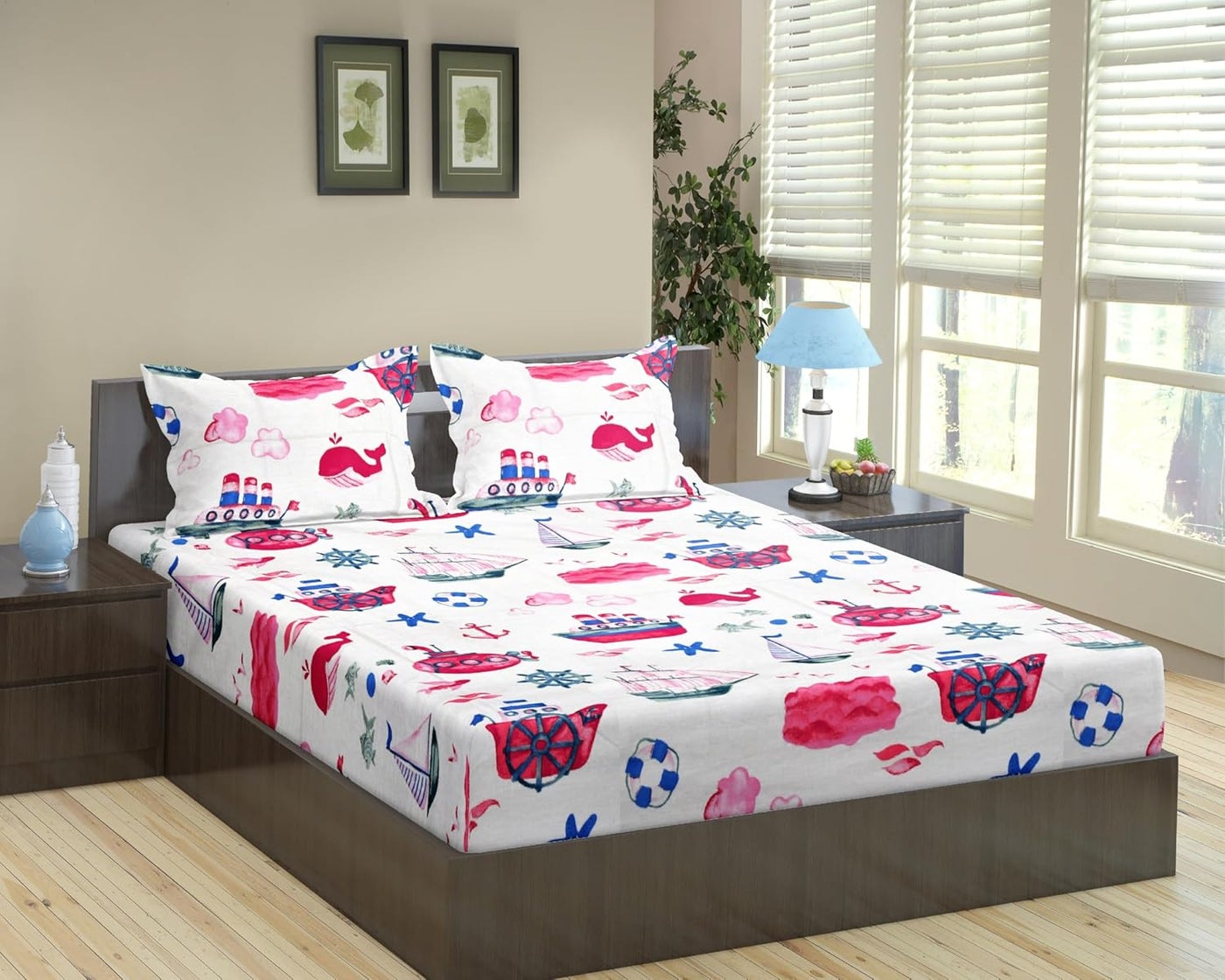 Trance Home Linen 100% Cotton 78"x78" Elastic Fitted Kids Bedsheet Super King Bed Size | Cartoon Printed Fitted Sheet | Elasticated Fitted Bedspread with 2 Pillow Covers (78x78 inch, Boat Pink)