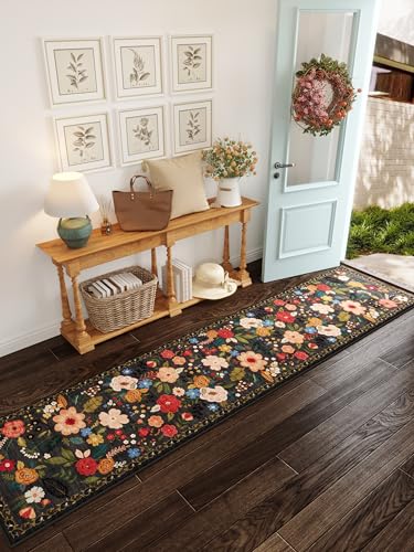 Rugcomf Runners for Hallways Kitchen Rug Non Slip 2'x 10' Long Washable Runner Rugs with Rubber Backing Soft Floral Carpet Runner for Hallways, Kitchen, Laundry, Bedroom, Bathroom(Black) - Image 1