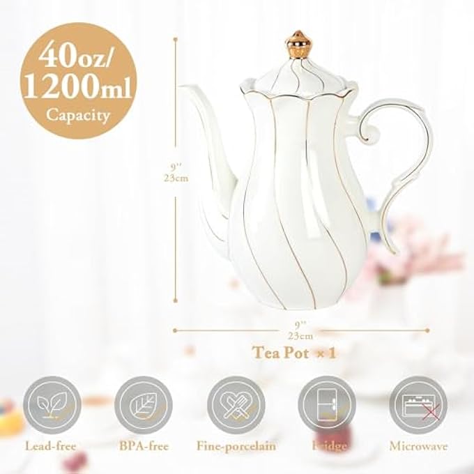 ريحني إبريق شاي خزفي بريطاني الطراز 40 أونصة إبريق شاي خزفي فاخر بحافة ذهبية من نوع الطعام مع فلتر مدمج لمنزل حفلات الشاي Dcor White - Image 5