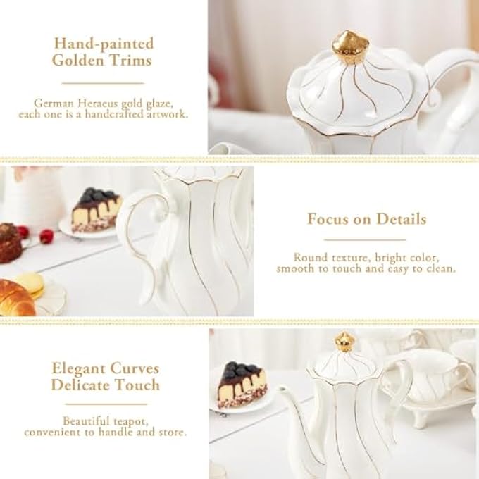 ريحني إبريق شاي خزفي بريطاني الطراز 40 أونصة إبريق شاي خزفي فاخر بحافة ذهبية من نوع الطعام مع فلتر مدمج لمنزل حفلات الشاي Dcor White - Image 3