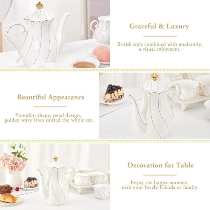 ريحني إبريق شاي خزفي بريطاني الطراز 40 أونصة إبريق شاي خزفي فاخر بحافة ذهبية من نوع الطعام مع فلتر مدمج لمنزل حفلات الشاي Dcor White - Image 4