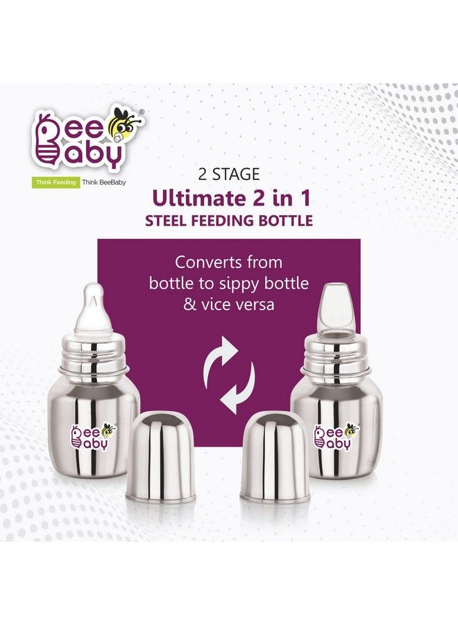 Beebaby زجاجة رضاعة للأطفال الرضع 2 في 1 من الفولاذ المقاوم للصدأ مع حلمة مضادة للمغص وفتحة شرب سيليكون SS 304 خالية من الصدأ من مادة غذائية. 100% خالية من BPA. 4 أشهر + (150 مل) - Image 4
