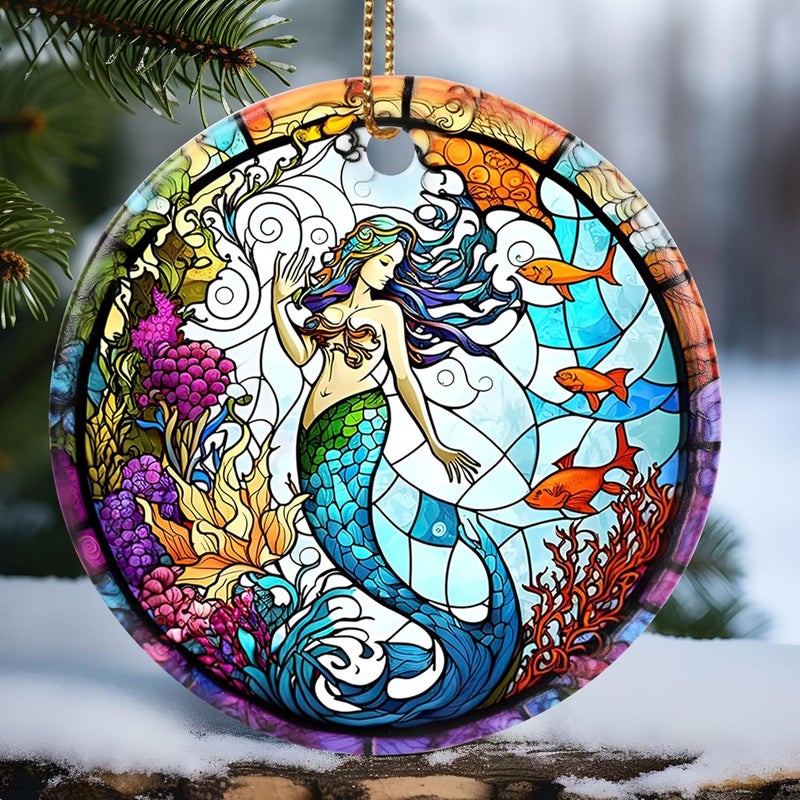Touber Christmas Ornament, Christmas Decoration, Holiday Present Idea, Heirloom Keepsake, Round Ceramic, Gift Exchange, Gift Idea, Mermaid - Image 1