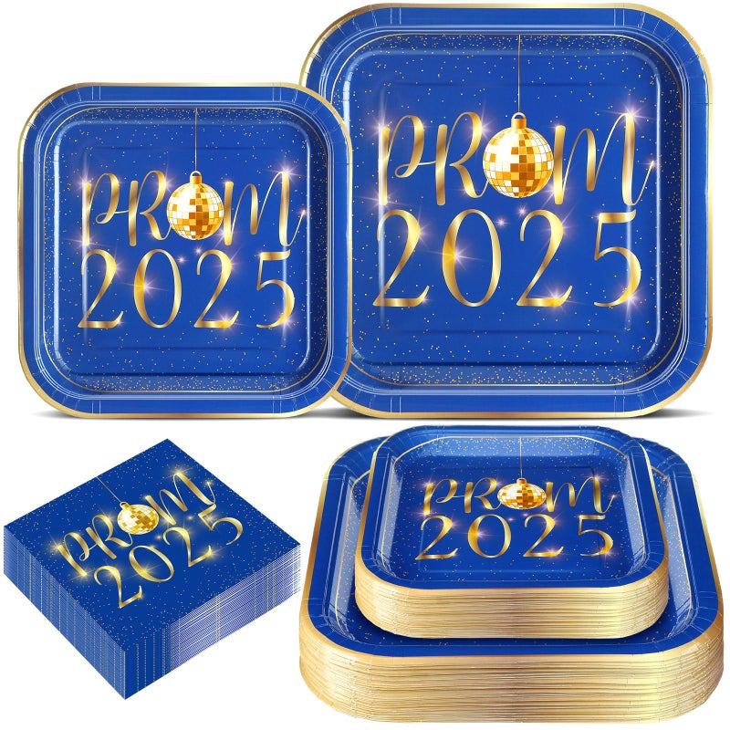 Maxcheck Maxcheck 200 Pcs 2025 Prom Graduation Party Supplies Plates and Napkins Paper Plates Dinnerware 50 Dinner Plates 50 Dessert Disposable Plates 100 Napkins(Blue and Gold)  - Image 1