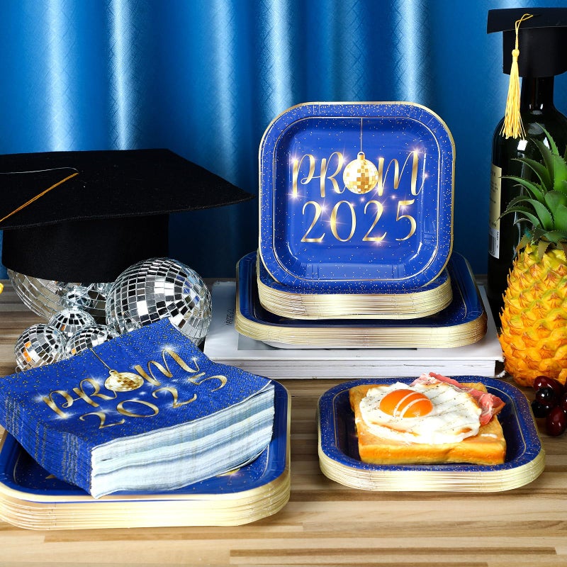 Maxcheck Maxcheck 200 Pcs 2025 Prom Graduation Party Supplies Plates and Napkins Paper Plates Dinnerware 50 Dinner Plates 50 Dessert Disposable Plates 100 Napkins(Blue and Gold)  - Image 4
