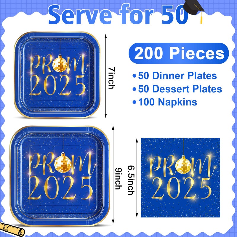 Maxcheck Maxcheck 200 Pcs 2025 Prom Graduation Party Supplies Plates and Napkins Paper Plates Dinnerware 50 Dinner Plates 50 Dessert Disposable Plates 100 Napkins(Blue and Gold)  - Image 2