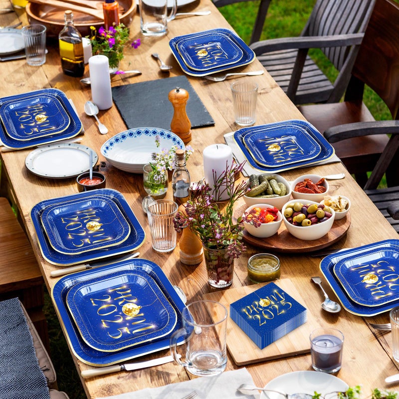 Maxcheck Maxcheck 200 Pcs 2025 Prom Graduation Party Supplies Plates and Napkins Paper Plates Dinnerware 50 Dinner Plates 50 Dessert Disposable Plates 100 Napkins(Blue and Gold)  - Image 5