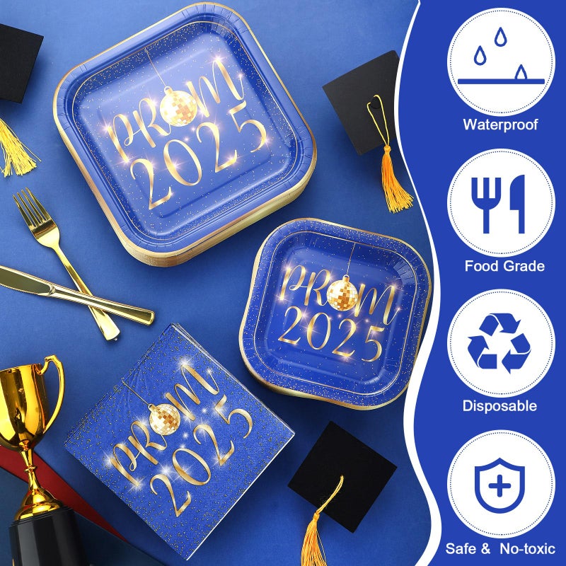 Maxcheck Maxcheck 200 Pcs 2025 Prom Graduation Party Supplies Plates and Napkins Paper Plates Dinnerware 50 Dinner Plates 50 Dessert Disposable Plates 100 Napkins(Blue and Gold)  - Image 3