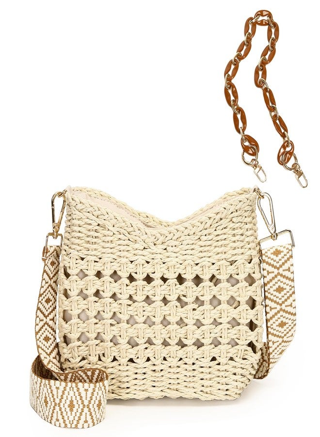 Herald Small Summer Crossbody Bags for Women, Beach Handmade Straw Woven Pocketbooks Handbag Shoulder Purse, Hollow Out Beige, Small - Image 1