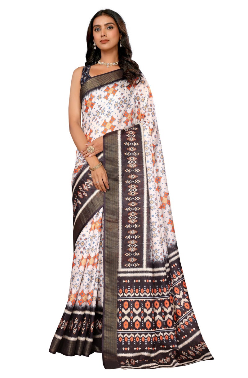 Janasya Women's White & Black Chanderi Silk Ikkat Printed Printed Saree with Blouse Piece - Image 1