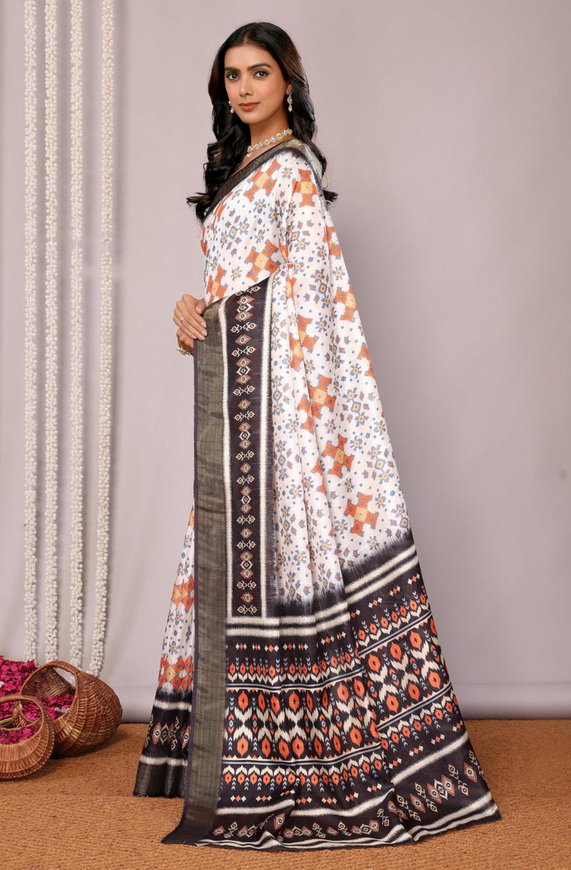 Janasya Women's White & Black Chanderi Silk Ikkat Printed Printed Saree with Blouse Piece - Image 2