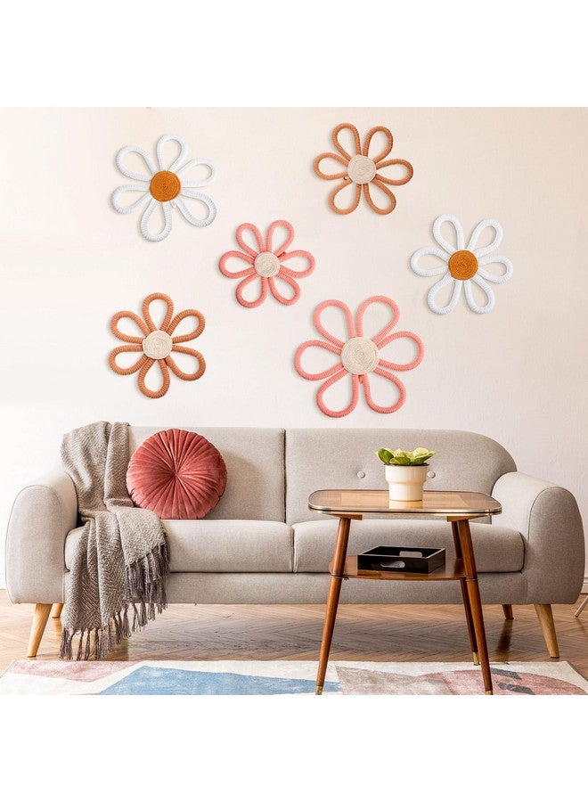 Barydat 6 Pcs Boho Nursery Decor Daisy Flower Woven Macrame Wall Hanging 3 Size Daisy Flower Wall Decor Bohemian Nursery Decorations for Home Dorm Art(Pink, Brown, White) - Image 1