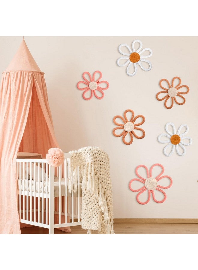 Barydat 6 Pcs Boho Nursery Decor Daisy Flower Woven Macrame Wall Hanging 3 Size Daisy Flower Wall Decor Bohemian Nursery Decorations for Home Dorm Art(Pink, Brown, White) - Image 4