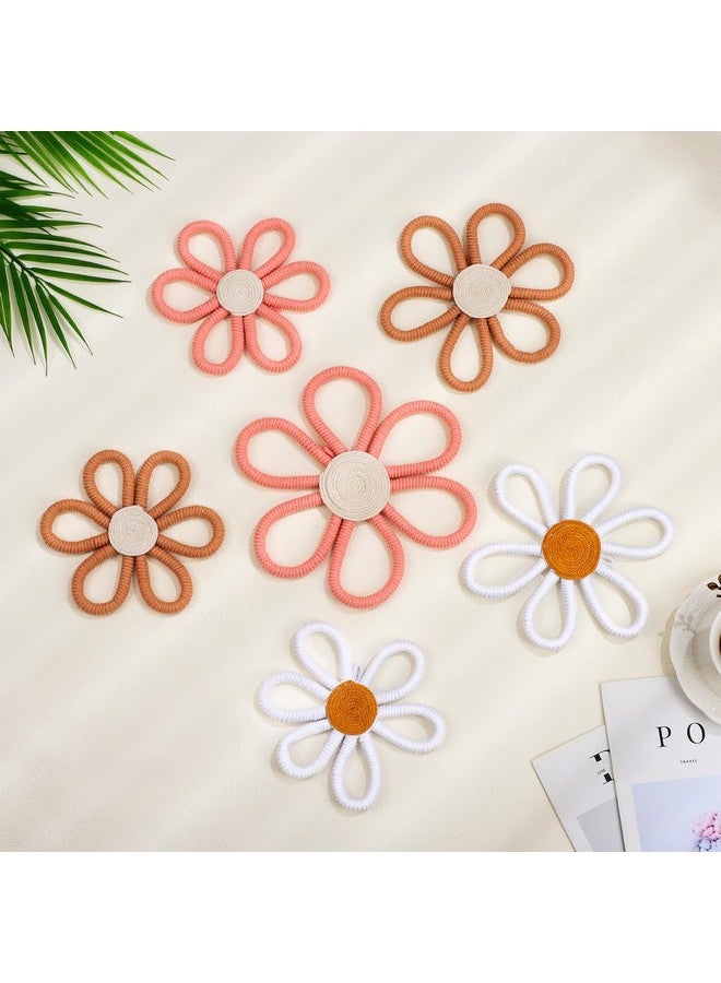 Barydat 6 Pcs Boho Nursery Decor Daisy Flower Woven Macrame Wall Hanging 3 Size Daisy Flower Wall Decor Bohemian Nursery Decorations for Home Dorm Art(Pink, Brown, White) - Image 3