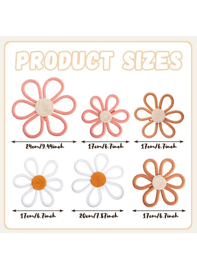 Barydat 6 Pcs Boho Nursery Decor Daisy Flower Woven Macrame Wall Hanging 3 Size Daisy Flower Wall Decor Bohemian Nursery Decorations for Home Dorm Art(Pink, Brown, White) - Image 2