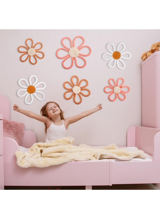 Barydat 6 Pcs Boho Nursery Decor Daisy Flower Woven Macrame Wall Hanging 3 Size Daisy Flower Wall Decor Bohemian Nursery Decorations for Home Dorm Art(Pink, Brown, White) - Image 5