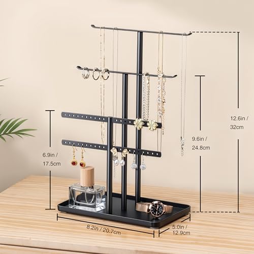 pickpiff Jewelry Stand Organizer, 12.5" Tall Sturdy Metal, 3-Tier Jewelry Holder for Necklace, Earring, Bracelet, Ring, Hanger for Display and Storage, Aesthetic Room Decor, Black - Image 3