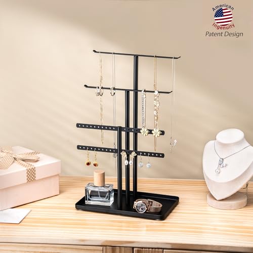 pickpiff Jewelry Stand Organizer, 12.5" Tall Sturdy Metal, 3-Tier Jewelry Holder for Necklace, Earring, Bracelet, Ring, Hanger for Display and Storage, Aesthetic Room Decor, Black - Image 2