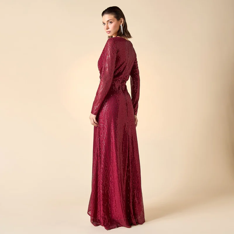 2Xtremz 2Xtremz Sequin Embellished Maxi Dress with V-neck and Long Sleeves