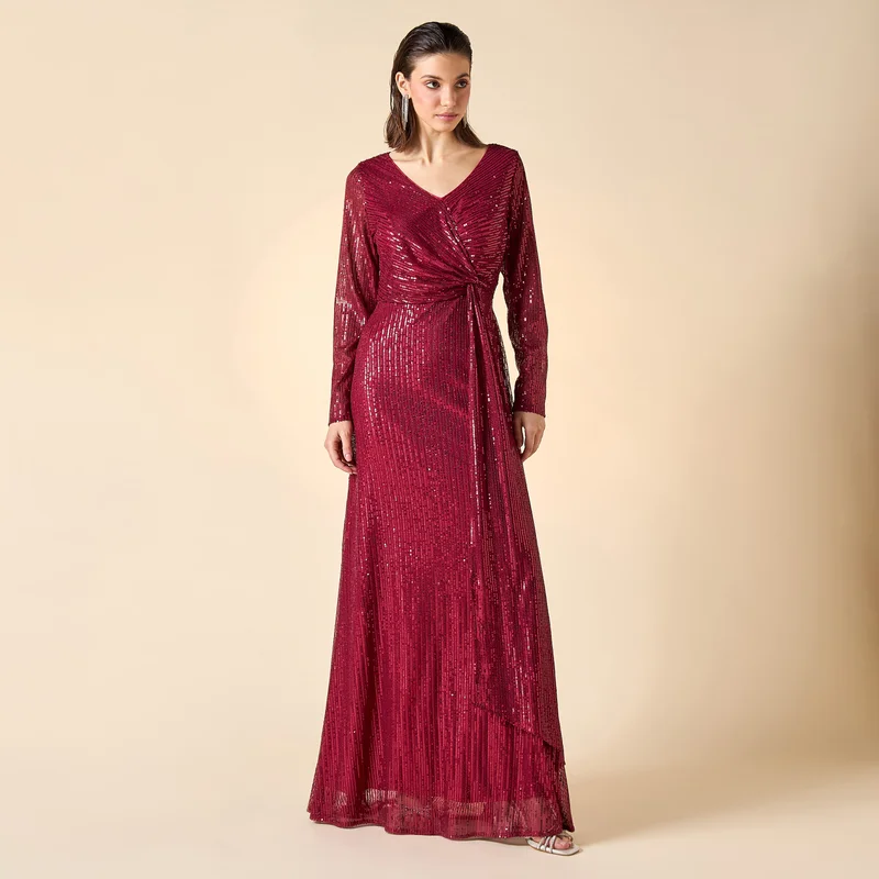 2Xtremz 2Xtremz Sequin Embellished Maxi Dress with V-neck and Long Sleeves