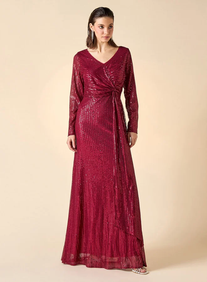 2Xtremz 2Xtremz Sequin Embellished Maxi Dress with V-neck and Long Sleeves