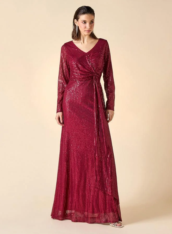 2Xtremz 2Xtremz Sequin Embellished Maxi Dress with V-neck and Long Sleeves