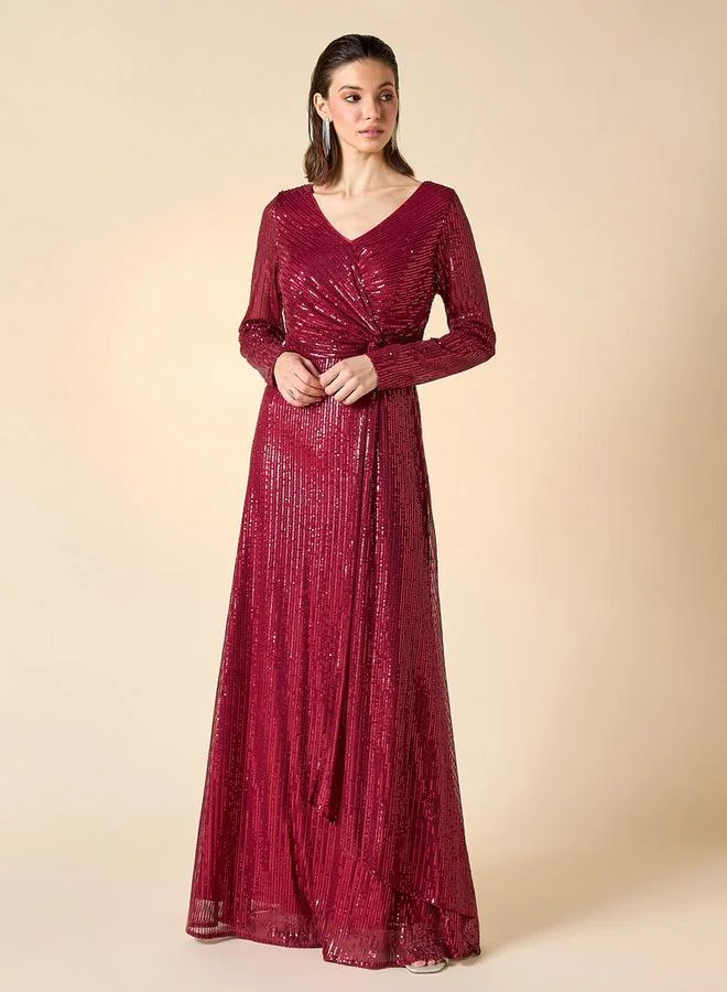 2Xtremz 2Xtremz Sequin Embellished Maxi Dress with V-neck and Long Sleeves