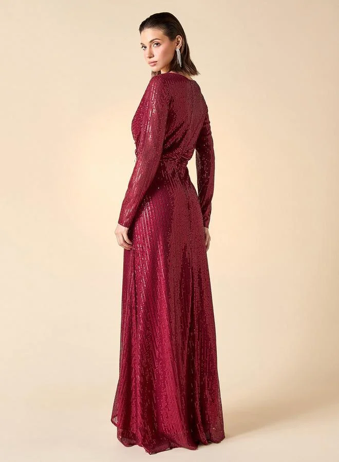 2Xtremz 2Xtremz Sequin Embellished Maxi Dress with V-neck and Long Sleeves
