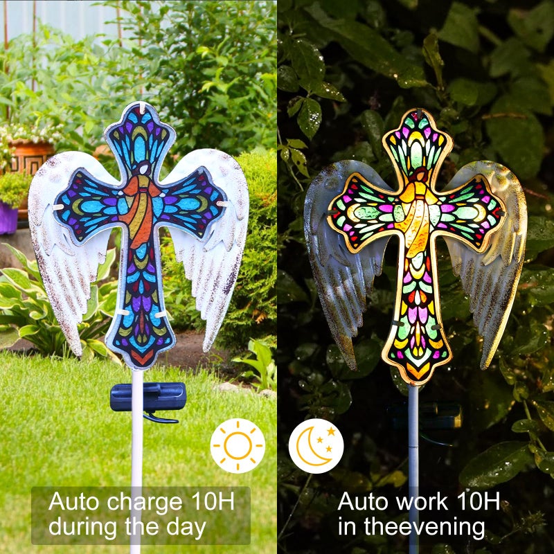 YJFWAL Solar Glass Cross Garden Stake Light, Cemetery Decorations for Grave Outdoor Lights, Easter Jesus Cross Angel Wings Sympathy Memorial Gifts, for Garden Lawn Yard Patio Decor - Image 4