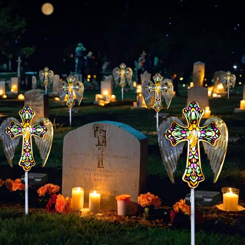 YJFWAL Solar Glass Cross Garden Stake Light, Cemetery Decorations for Grave Outdoor Lights, Easter Jesus Cross Angel Wings Sympathy Memorial Gifts, for Garden Lawn Yard Patio Decor - Image 3