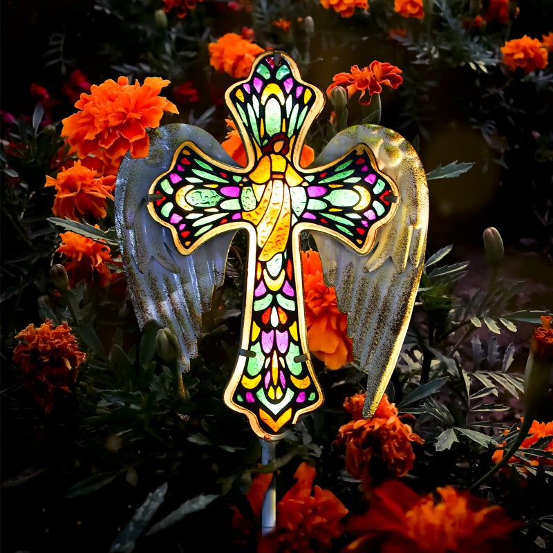 YJFWAL Solar Glass Cross Garden Stake Light, Cemetery Decorations for Grave Outdoor Lights, Easter Jesus Cross Angel Wings Sympathy Memorial Gifts, for Garden Lawn Yard Patio Decor - Image 1
