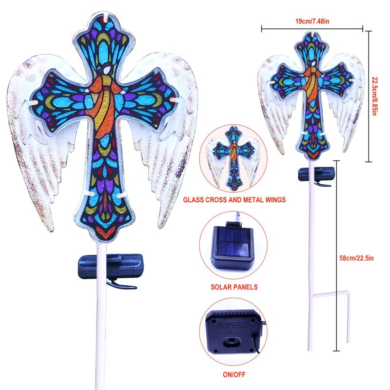 YJFWAL Solar Glass Cross Garden Stake Light, Cemetery Decorations for Grave Outdoor Lights, Easter Jesus Cross Angel Wings Sympathy Memorial Gifts, for Garden Lawn Yard Patio Decor - Image 5
