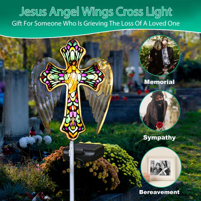 YJFWAL Solar Glass Cross Garden Stake Light, Cemetery Decorations for Grave Outdoor Lights, Easter Jesus Cross Angel Wings Sympathy Memorial Gifts, for Garden Lawn Yard Patio Decor - Image 2