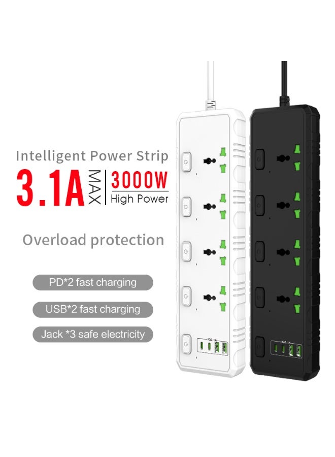 سكاي فيو شريط طاقة واقي من زيادة التيار - مقبس طاقة مزود بـ 4 منافذ ومنفذين USB ومنفذين من النوع C، وسلك طاقة بطول 2 متر (3000 وات/16 أمبير/110 فولت-265 فولت)، مادة مقاومة للهب من البولي كربونات، قلب نحاسي نقي، مفتاح مستقل (أسود) - Image 2