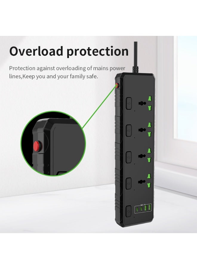 سكاي فيو شريط طاقة واقي من زيادة التيار - مقبس طاقة مزود بـ 4 منافذ ومنفذين USB ومنفذين من النوع C، وسلك طاقة بطول 2 متر (3000 وات/16 أمبير/110 فولت-265 فولت)، مادة مقاومة للهب من البولي كربونات، قلب نحاسي نقي، مفتاح مستقل (أسود) - Image 3