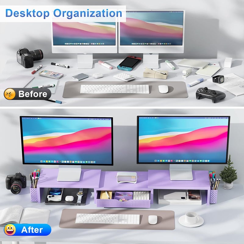 gianotter Dual Monitor Stand Riser, Desk Organizer With Drawer and 2 Pen Holders, Desk Organizers and Accessories, Purple Office Decor (Purple) - Image 2