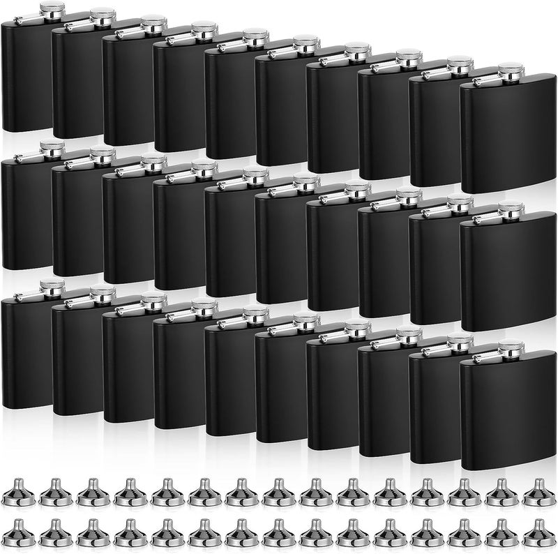 Hoolerry 30 Pieces Hip Flasks Set Stainless Steel Liquor Flask with Funnel Metal Leak Proof Flask Pocket Whiskey Flasks for Men Women Bridesmaid Wedding Party Supplies (Black,6 oz) - Image 1