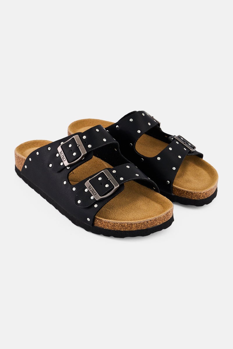 XOXO Women Slip On Leather Slippers, Black - Image 1