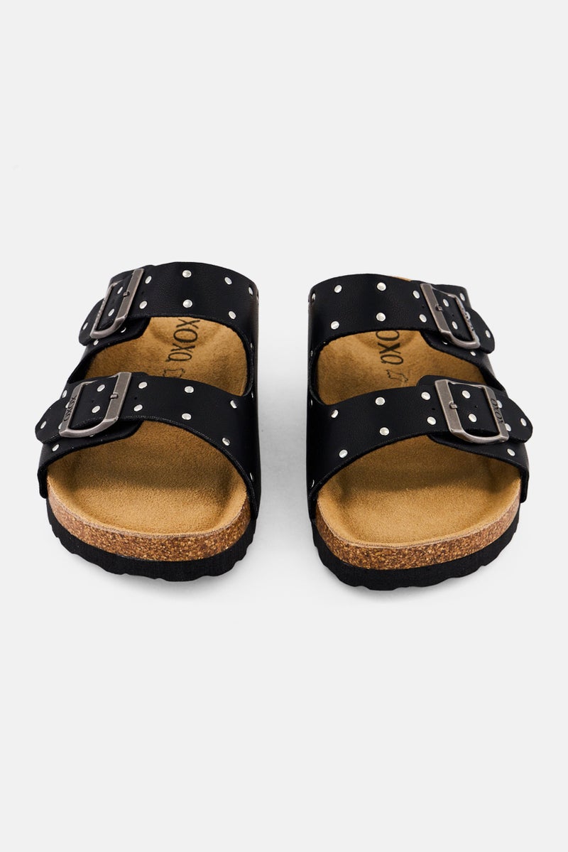 XOXO Women Slip On Leather Slippers, Black - Image 2