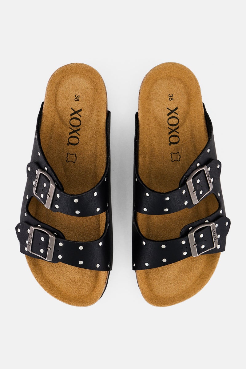 XOXO Women Slip On Leather Slippers, Black - Image 3