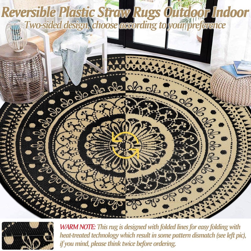 Cekene Round Outdoor Rugs for Patio 8Ft Waterproof Reversible Outdoor Patio Rugs Black Lightweight Plastic Straw Rugs Portable RV Camping Mat Floor Carpet for Deck Porch Picnic BBQ - Image 4