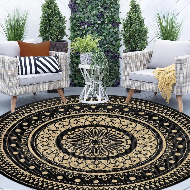 Cekene Round Outdoor Rugs for Patio 8Ft Waterproof Reversible Outdoor Patio Rugs Black Lightweight Plastic Straw Rugs Portable RV Camping Mat Floor Carpet for Deck Porch Picnic BBQ - Image 1