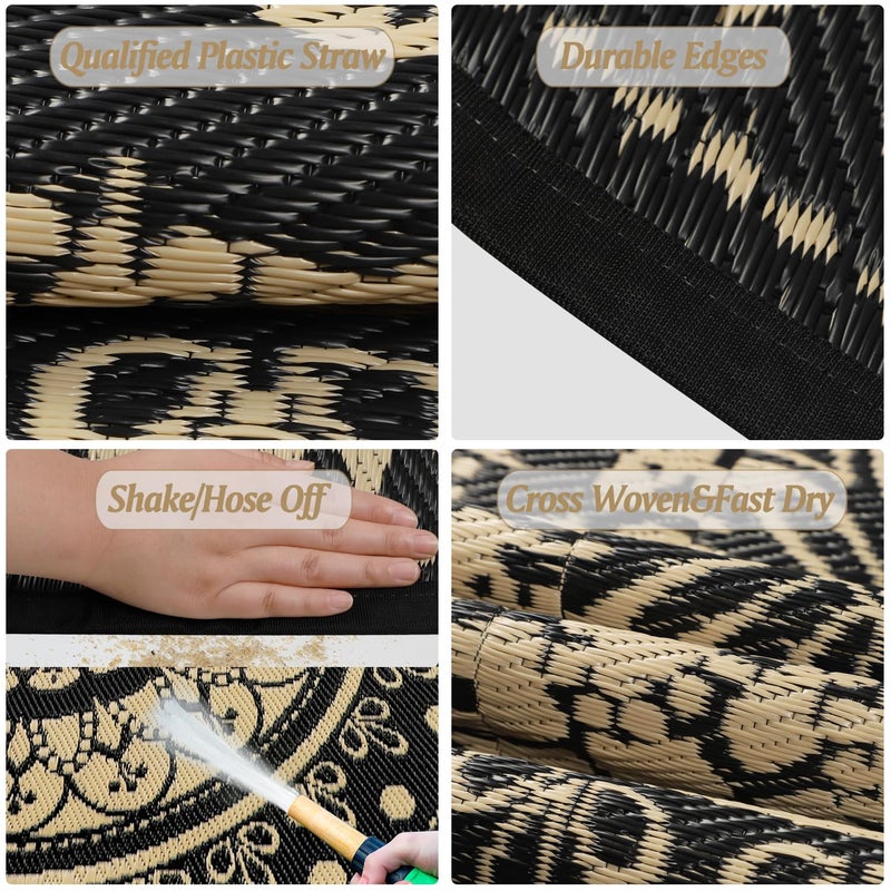 Cekene Round Outdoor Rugs for Patio 8Ft Waterproof Reversible Outdoor Patio Rugs Black Lightweight Plastic Straw Rugs Portable RV Camping Mat Floor Carpet for Deck Porch Picnic BBQ - Image 3