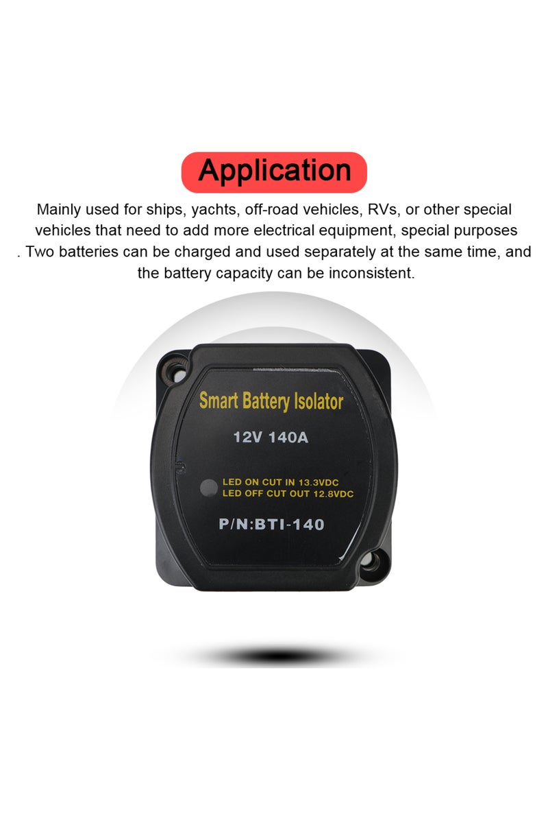 إيروريكس مرحل VSR أسود اللون لعزل بطارية السيارة التخييمية الذكية، 12 فولت، 140 أمبير، شحن منفصل حساس للجهد - Image 2