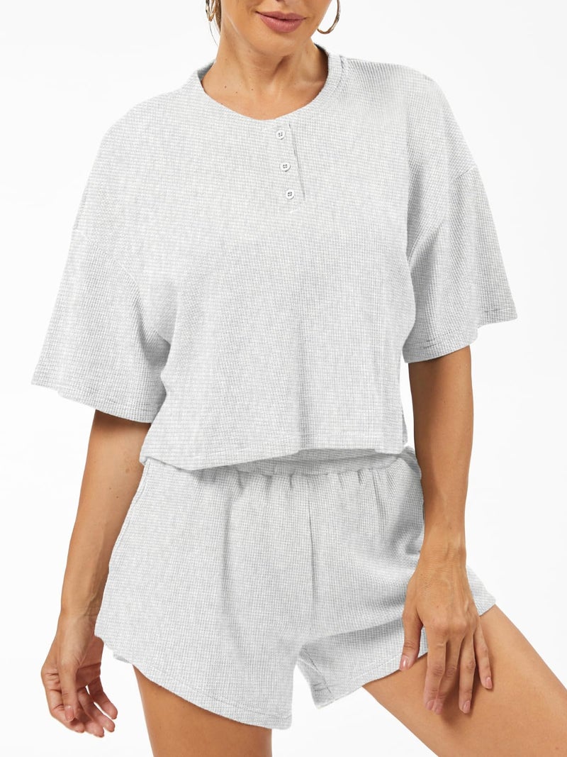 AnotherChill Women's Cropped Waffle Knit Lounge Set â€“ Short Sleeve Henley Top and High Waisted Shorts 2 Piece Casual Outfit (Light-Grey, Small) - Image 2